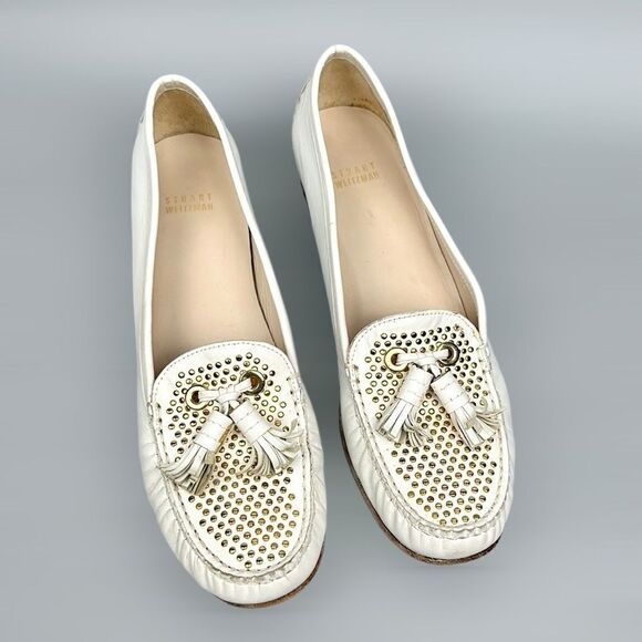 Stuart Weitzman Tassel Loafers White Leather Gold Studded US 10 - Picture 3 of 12